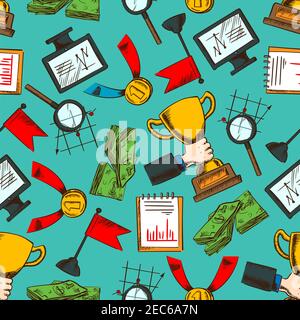 Pattern of business leadership and achievements with seamless winners golden medals and trophies, money, computers and notebooks with successful finan Stock Vector