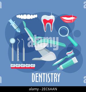 Dentist office equipments symbol for dentistry and healthcare design with healthy, clean teeth and smile, dental mirror, pick and probe, toothbrush, t Stock Vector