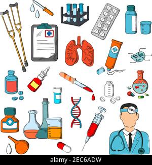Medical icons set. Medicine tools and treatment symbols. Lungs, syringe, pills, doctor, dropper, ointment dna medications equipment Stock Vector