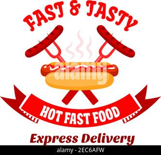 Grill bar symbol of hot dog seasoned with ketchup and mayonnaise sauces and crossed bbq forks with grilled sausages on the background. Great for menu Stock Vector
