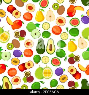 Fresh fruits seamless pattern with background of whole and halved apples, peaches, mangoes, plums, passion fruits, guavas, pears, kiwis, avocados, fei Stock Vector