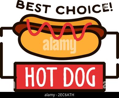 Thin line retro badge for hot dog shop design with fast food sandwich filled with smoked sausage and ketchup. Great for fast food cafe signboard or ta Stock Vector