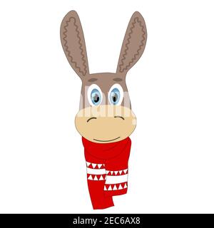 Colorful cute vector donkey face in a winter scarf. One object on a white background. Cartoon flat illustration. Emoji funny pet animal. Embarrassed Stock Vector