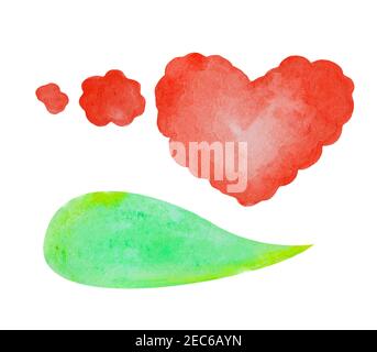 Watercolor speech bubble on white background. Green text bubble cloud hand-drawn element. Isolated bubble clipart. Red heart thought bubble. Conversat Stock Photo