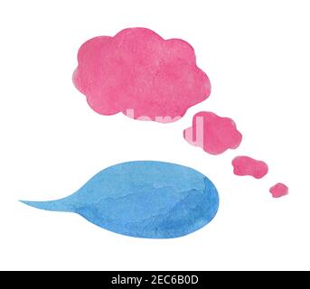 Watercolor speech bubble on white background. Blue text bubble cloud hand-drawn element. Isolated bubble clipart. Pink thought bubble. Conversation or Stock Photo