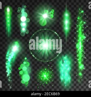 Set of vector glowing stars. Green glittering light lens flare sparkles on transparent background. Fireworks sparklers effect Stock Vector