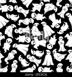 Halloween background. White ghosts seamless pattern wallpaper. Funny spooks with face expression. Smiling, laughing, scary, angry, indifferent, seriou Stock Vector