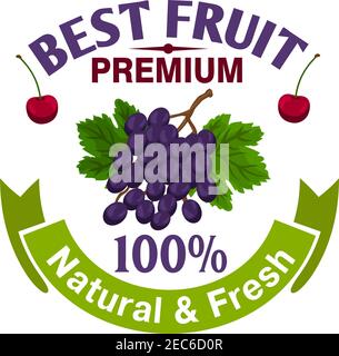 Fruits label template. Natural and fresh berries grape and cherry icons for premium juice packaging, bottle, menu. Merchandise element for sticker, ta Stock Vector