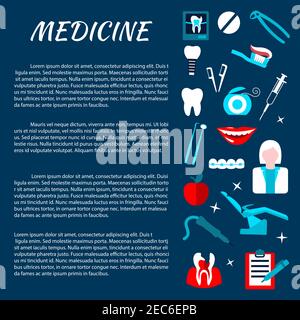 Dentistry medicine information banner with infographics. Stomatology dental care illustration template for poster, board, leaflet, flyer. Dentist tool Stock Vector