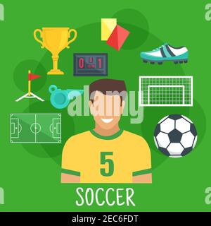 Soccer or football game sporting symbol with flat icons of player with ball, game field, scoreboard and gate, golden trophy cup, corner flag, whistle, Stock Vector