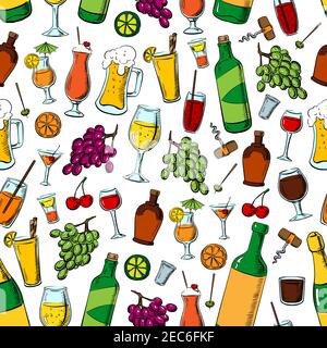Birthday party drinks and fruits. Cocktails, beverages and desserts seamless pattern background. Wine corkscrew, beer mug, lemonade glass, cocktail, c Stock Vector