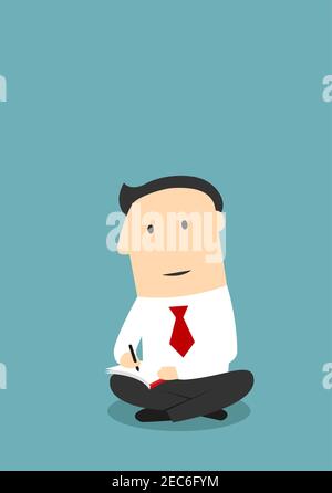 Office worker with notebook and pen. Young man student sitting on floor and writing or drawing with pencil. Business and education concept Stock Vector