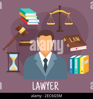 Confident lawyer in business suit icon with scales of justice, law book and gavel of judge, pile of books, hourglass and folders with cases. Legal pro Stock Vector