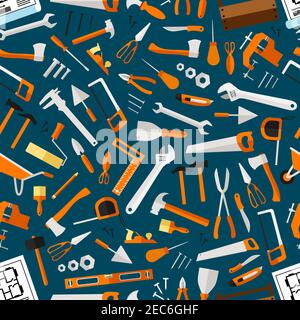 Construction and repair tools seamless pattern wallpaper. Carpentry flat icons background. Carpenter and builder working elements. Vector hammer, axe, Stock Vector