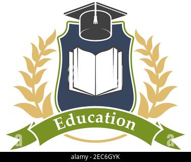 Education shield emblem with book, graduation cap, green ribbon and leaves branches. Vector label icon for university, college, high school Stock Vector