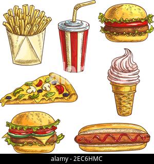 Fast food sketch icons set. Isolated elements of burger, hamburger, cheeseburger, soda drink in cup, ice cream cone, pizza slice, hot dog, french frie Stock Vector