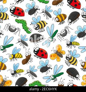 Bugs and insects funny cartoon seamless wallpaper with vector pattern of cute colorful characters of bumblebee, bee, beetle, ladybird, spider, butterf Stock Vector