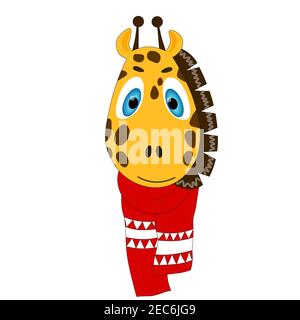 Colorful cute vector giraffe face in a winter scarf. One object on a white background. Cartoon flat illustration. Emoji funny animal. Embarrassed Stock Vector