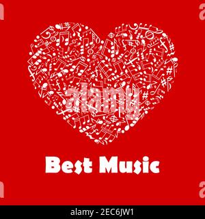 Best Music poster. Musical notes elements in heart shape. Creative graphic illustration for banner, flyer, emblem, icon, radio, festival, concert, ope Stock Vector