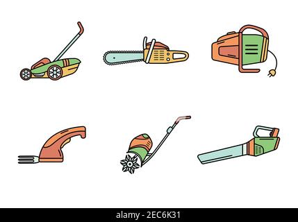 A set of garden electric tools. Garden color icons. Logo Lineart. Stock Vector