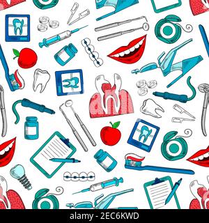 Stomatology and dentistry seamless background. Wallpaper with vector icons of dentist and stomatologist equipment and medications Stock Vector