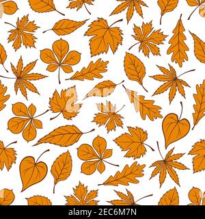 Yellow falling leaves seamless pattern background. Autumn foliage wallpaper. Vector elements of maple, birch, aspen, elm, poplar Stock Vector