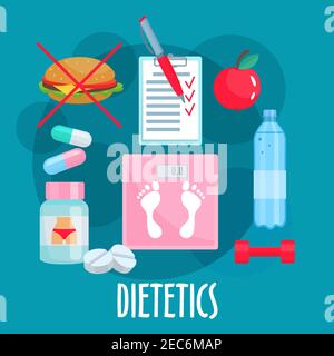 Dietetics, nutrition and healthy lifestyle symbol with weight loss tips such as fresh apple fruit, prohibition sign of fast food, bottle of water and Stock Vector