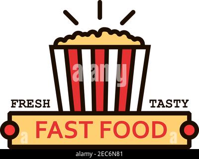 Fresh popcorn linear icon with takeaway striped bucket of caramel corn standing on yellow banner with caption Fast Food. Movie theater fast food cafe Stock Vector