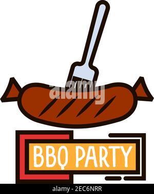 Grilled sausage on barbecue fork colorful thin line symbol with yellow banner BBQ Party. Great for restaurant grill menu or outdoor party invitation d Stock Vector
