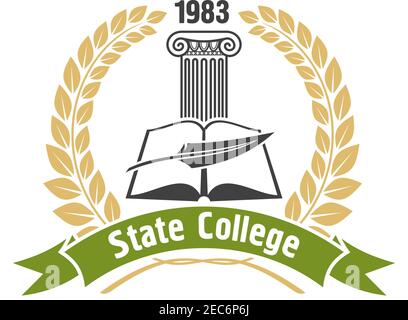 State college heraldic insignia with open book, feather pen and ionic greek column, framed by golden laurel wreath and green ribbon banner. May be use Stock Vector