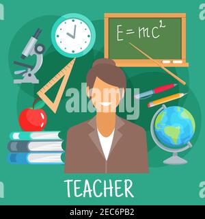 Teacher in school classroom flat icon with earth globe, microscope and blackboard with formula of energy, pile of books with apple on the top, wall cl Stock Vector