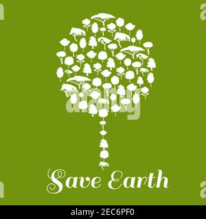 Save Earth poster. Green environment protection icon. Big tree symbol made of trees elements. Eco concept vector emblem Stock Vector