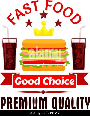 Fast food label icon. Cheeseburger, soda coke, golden crown, stars. Vector emblem for restaurant, eatery, menu signboard poster Stock Vector
