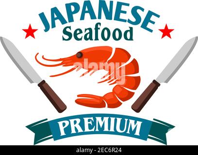 Japanese seafood restaurant symbol of fresh royal red shrimp, flanked by sushi chef knives, stars and ribbon banner with text Premium. Cartoon style Stock Vector