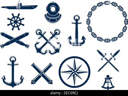 Marine and nautical flat icons and symbols set. Vector emblem blue elements of anchor, chain, steering wheel, submarine, sextant, bombs, cannons, swor Stock Vector
