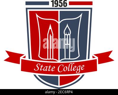 Arts education symbol of paintbrush and pencil with open book on red and blue heraldic shield decorated by ribbon banner with caption State College. M Stock Vector