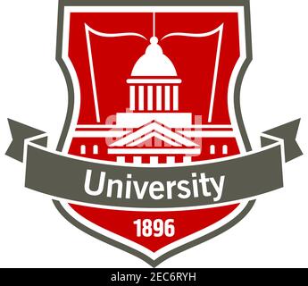 Heraldic badge of university with white silhouette of educational institution building with open book, placed on a shield with curved ribbon banner an Stock Vector