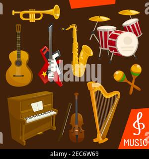 Wind and string musical instruments. Vector isolated music icons of saxophone, piano, harp, drums, maracas, guitar, violin trumpet Stock Vector