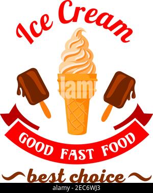 Fast food desserts retro cartoon badge with refreshing vanilla ice cream cone and melting chocolate ice cream on sticks. Use as fast food cafe dessert Stock Vector