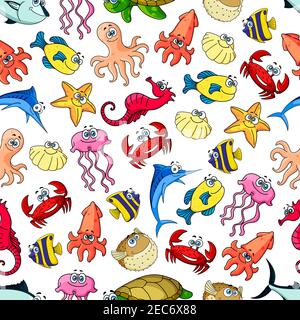 Cute sea and ocean cartoon animals and fishes. Seamless pattern background with underwater funny characters. Kids vector wallpaper decoration Stock Vector