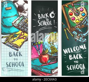 Back to School welcome banners. Backpack, rucksack, ball, pen, calculator, pencil, copybook, squared paper sheet, scissors, globe, apple, compass, cha Stock Vector