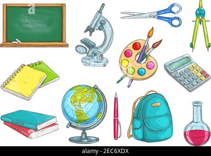 Back to school school supplies icons. Vector sketch elements of chalk blackboard, microscope, copybook, textbook, watercolor paint brushes, globe, pen Stock Vector