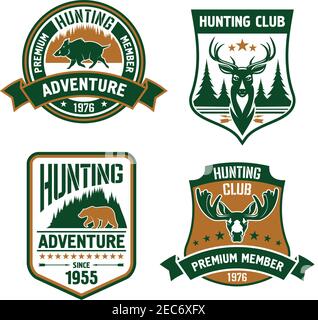 Hunting club shields set. Vector hunt sports emblems with animals, boar, deer, elk, bear, antlers, arrows, forest. Hunter premium member shield for ba Stock Vector