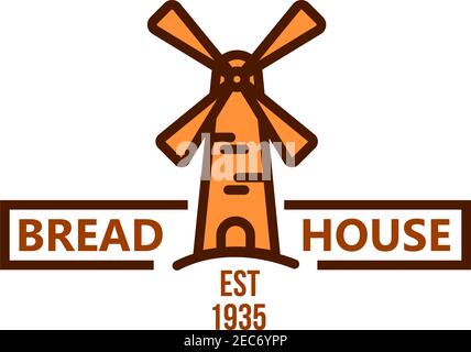 Bakery and pastry shop orange badge of vintage windmill with header Bread House and date foundation below. May be use as bakery signboard or food pack Stock Vector