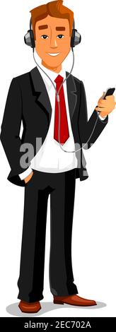 Man holding smatphone and listening muisc in headphones. Office manager, businessman vector isolated character Stock Vector