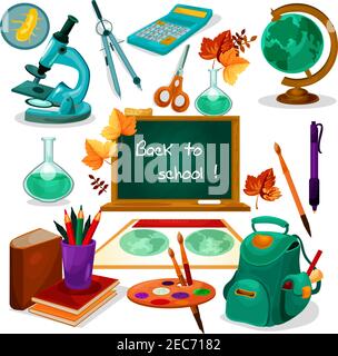 Back to school. Chalk text on green blackboard. Vector isolated icons of globe, backpack, calculator, microscope, scissors, paints, pen map copybook s Stock Vector