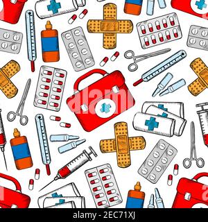 Medical seamless background. Medicine wallpaper with vector pattern icons of first aid equipment and medications pill, bandage, ampoule, syringe, liqu Stock Vector