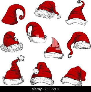 Santa red hats set. New Year and Christmas decoration elements. Vector sketch icons Stock Vector