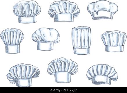 Chef toques, caps and hats. Different shapes and forms. Pencil sketch icons for restaurant, bakery, kitchen design Stock Vector