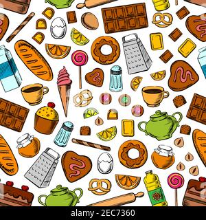 Desserts and kitchenware seamless background. Wallpaper with vector icons of sweets, cookies chocolate, biscuits, cupcakes, bread bagels, tea, coffee, Stock Vector
